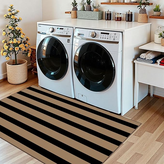 Black Tan Striped Entry Rug - 3x5 Ft Washable Indoor Outdoor Front Door Mat Outside Entrance Front Porch Mat Non-Slip Floor Carpet for Living Room Bedroom Entryway Kitchen Office Porch Decor