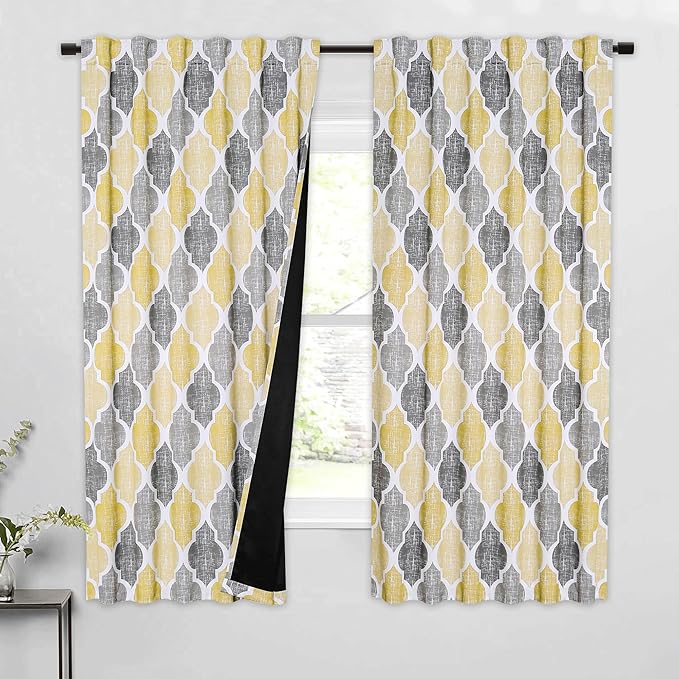 Beauoop 100% Blackout Curtains 63 Inches Long 2 Panels for Bedroom Living Room Yellow Grey Moroccan Geo Room Darkening Thermal Insulated Soundproof Rod Pocket Back Tab Window Treatments Drapes, 50x63