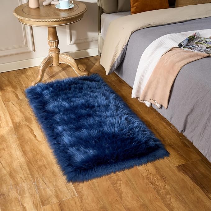 EasyJoy Ultra Soft Fluffy Shaggy Area Rug Faux Fur Rug Chair Cover Seat Pad Fuzzy Area Rug for Bedroom Floor Sofa Living Room (2 x 4 ft Rectangle, Dark Blue)