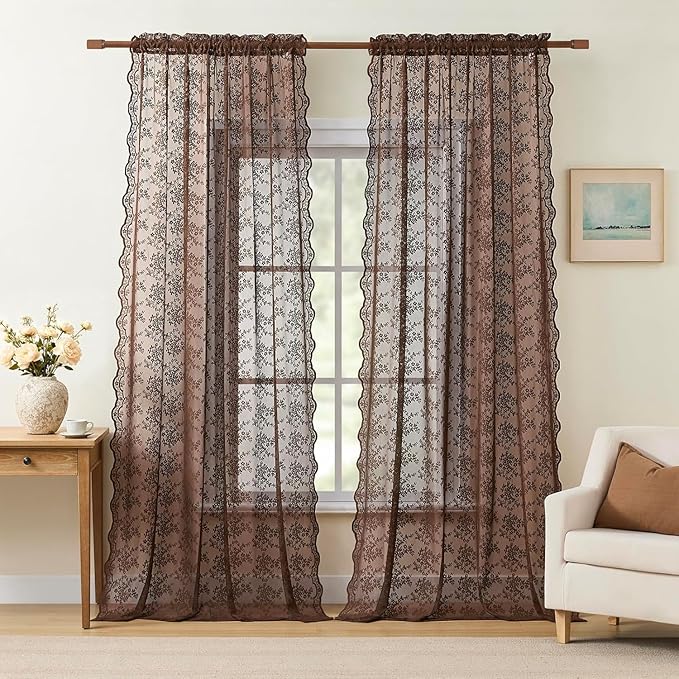 YJ YANJUN Vintage Lace Curtains 108 Inches Long-Victorian Floral Pattern Brown Sheer Curtain Panels for Living Room Tall Windows,Light Filtering, Rustic Farmhouse Neutral Decor 2 Panels 52W x 108L