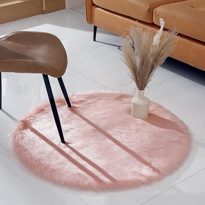 linmopm Faux Fur Rug Sheepskin Shag Fluffy Fuzzy Pink 3x3 ft Rugs for Bedroom Bedside Bed Floor Living Room Plush Round High-Density Cushion Carpet Super Sofa Cover