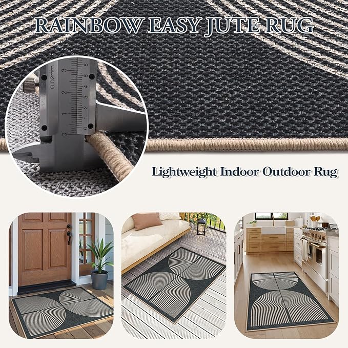 Lahome Enfys Rainbow Easy Jute Rug, 32"x48" Door Mat Black Indoor Outdoor Neutral Entryway Rug, Farmhouse Non Slip Non Shedding Lightweight Kitchen Mats for Floor Entrance
