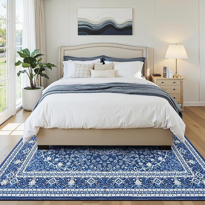 Lofus 5x7 Area Rugs for Living Room, Machine Washable Non-Slip Area Rug, Low Pile Large Rugs for Bedroom, Kitchen, Dining Room, Home Office, Vintage Oriental Print Rug, Dark Blue with White