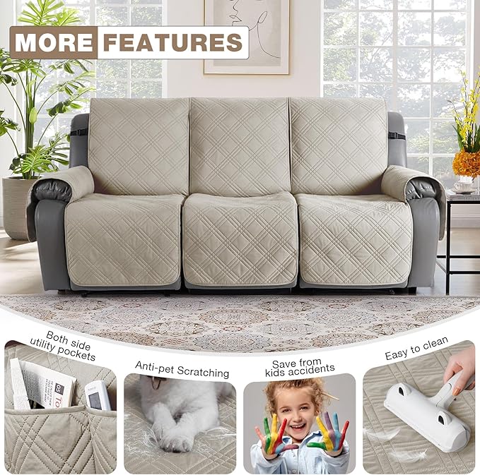 TAOCOCO 100% Waterproof Recliner Sofa Covers 3 Seater Split Couch Covers for 3 Cushion Reclining Couch with Straps, Non Slip Reclining Couch Covers Furniture Protector for Kids Pets(3 Seater, Cream)