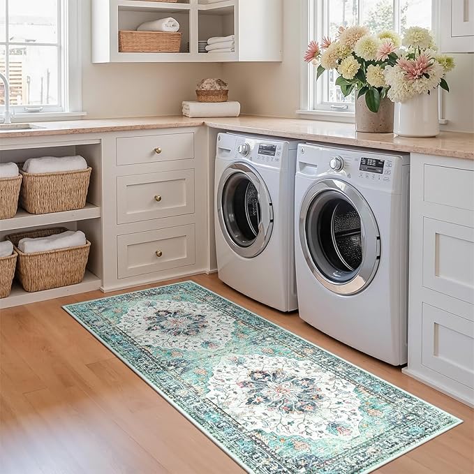 Area Rugs 2'x6' Runner Rug Non Slip Washable for Kitchen Hallway Bedroom Beside Laundry Room Bathroom Rug, Floor Carpet, Green Navy Blue White Red Teal Colorful