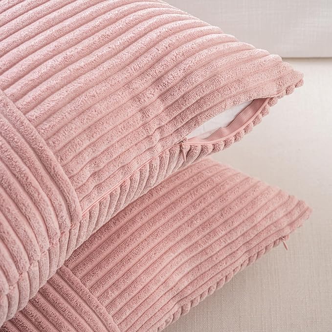 Fancy Homi 2 Packs Blush Pink Lumbar Decorative Throw Pillow Covers 16x28 Inch for Living Room Couch Bed, Rustic Farmhouse Boho Home Decor, Soft Striped Corduroy Rectangle Accent Cushion Case 40x70 cm