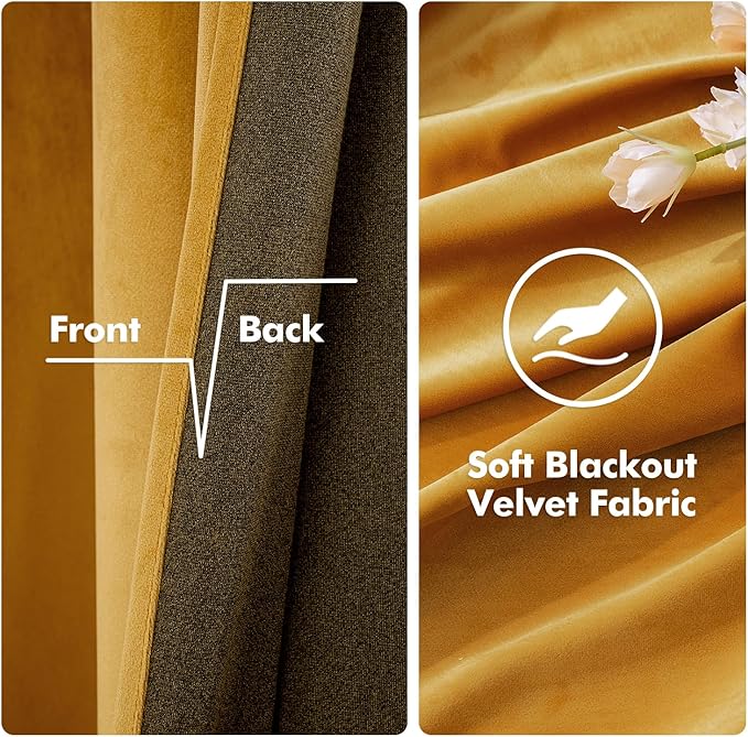 MIULEE 2 Panels Blackout Velvet Curtains Solid Soft Grommet Mustard Yellow Curtain Thermal Insulated Soundproof Room Darkening Curtains/Drapes/Panels for Fall Living Room Bedroom 52 x 90 Inch