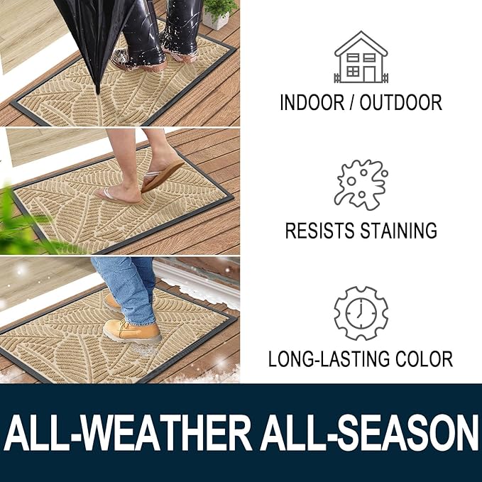 Colorxy Waterproof Doormat, Sturdy Natural Rubber Front Indoor Mat, Non Slip Low Profile Indoor Outdoor Door Mats, Stain and Fade Resistant Floor Mat, Easy Clean Patio Entrance Mat, 30''x17'', Beige