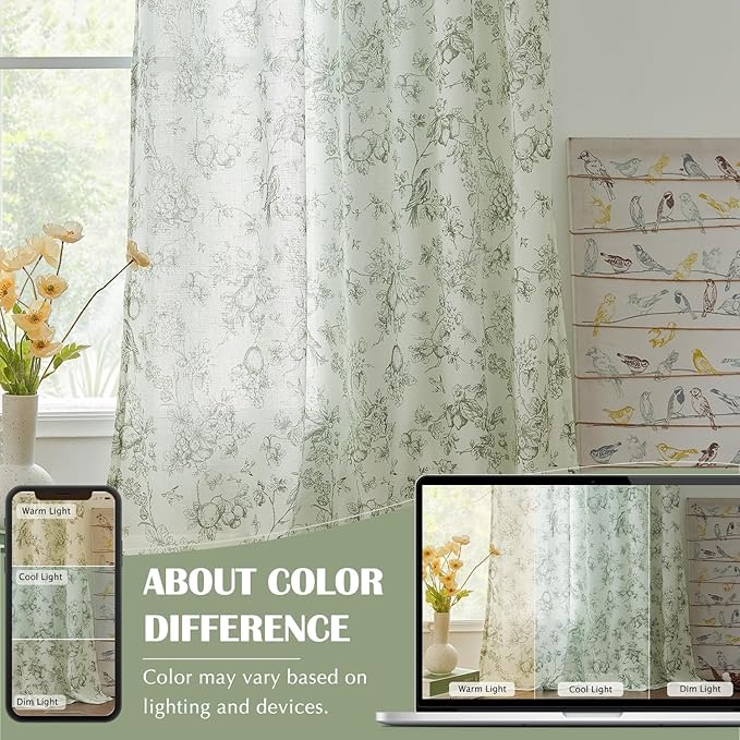 jinchan Linen Floral Curtains for Living Room 84 Inch Long Sage Green Printed Flower French Country Curtain Farmhouse Cottage Core Toile Curtains Back Tab Light Filtering Window Drapes Set 2 Panels