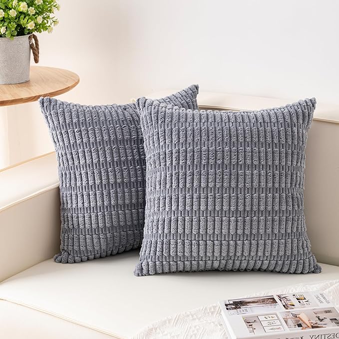 Pack of 2 Corduroy Decorative Throw Pillow Covers 16x16 Inch Soft Striped Pillow Covers Modern Farmhouse Home Decor for Sofa Living Room Couch Bed（Light Grey）