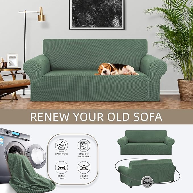KEKUOU Stretch Loveseat Sofa Cover Slipcover,Couch Covers for 2 Cushion Couch Sofa (55"-78") Furniture Protector Sofa with Elastic Bottom for Kid,Dog. Jacquard Small Checked (Medium,Greyish Green)