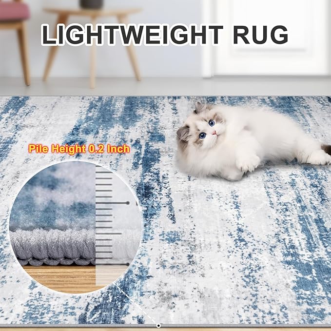 8x10 Area Rugs for Living Room - Washable Rug Modern Abstract Soft Large Neutral Non-Slip Carpet Indoor Floor Thin Carpets for Bedroom Dining Room Farmhouse Nursery Home Office White Blue Grey