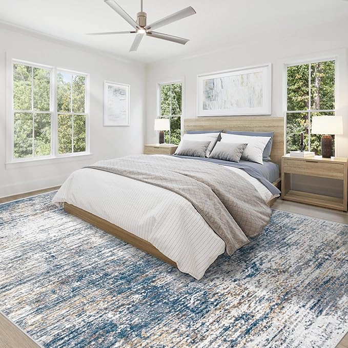 XLUEZ 9x12 Area Rug for Living Room, Washable Modern Abstract Large Area Rug Neutral Soft Non Slip Kids Rug Stain Resistant Indoor Carpet for Bedroom Dining Room Playroom Office(BlueWhite, 9'x12')