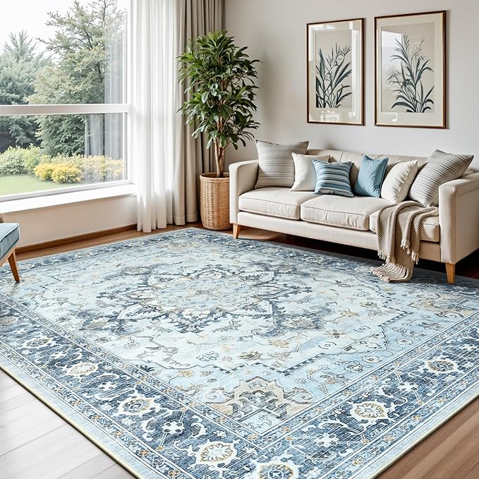 Lofus 6x9 Area Rugs for Living Room, Machine Washable Non-Slip Area Rug, Low Pile Large Rugs for Bedroom, Kitchen, Dining Room, Home Office, Vintage Oriental Print Rug, Blue Gold