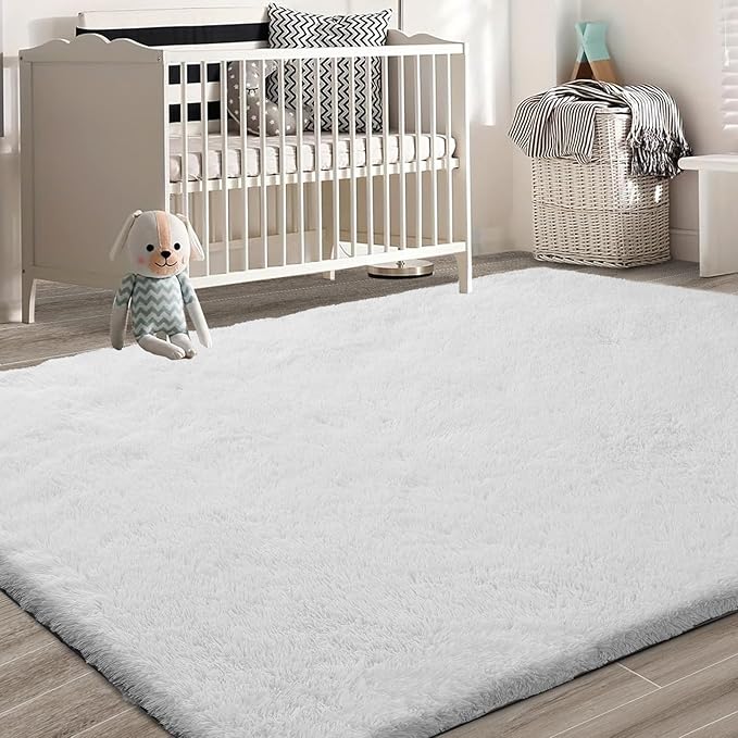 9X12 Large Area Rugs for Living Room Bedroom,White Big Shag Rug for Bedroom Dorm,Soft Fluffy Indoor Carpet Nursery Rugs for Kids Girls Room Home Decor (White, 9X12 Feet)