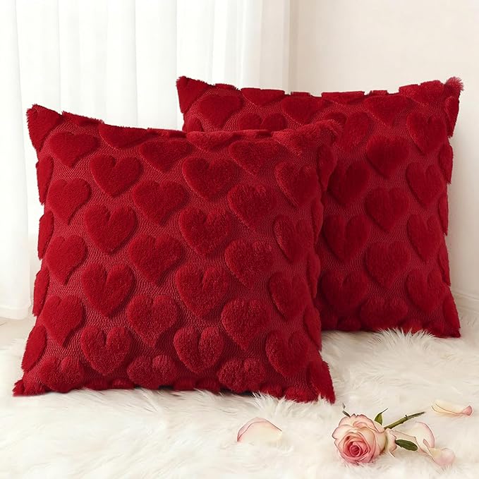 decorUhome Valentine’s Day Soft Plush Throw Pillow Covers 20x20 Inch Set of 2, Faux Fur Red Heart Decoration Neutral Square Pillow Covers for Couch Sofa Bed Cozy Farmhouse Holiday Decor