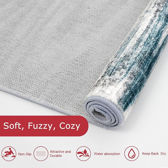 KOZYFLY Round Washable Rugs 6Ft Modern Abstract Ombre Rug for Bedroom, Washable Circle Rug Non-Slip Soft Striped Living Room Area Rug, Print Blue Carpet for Laundry Nursery