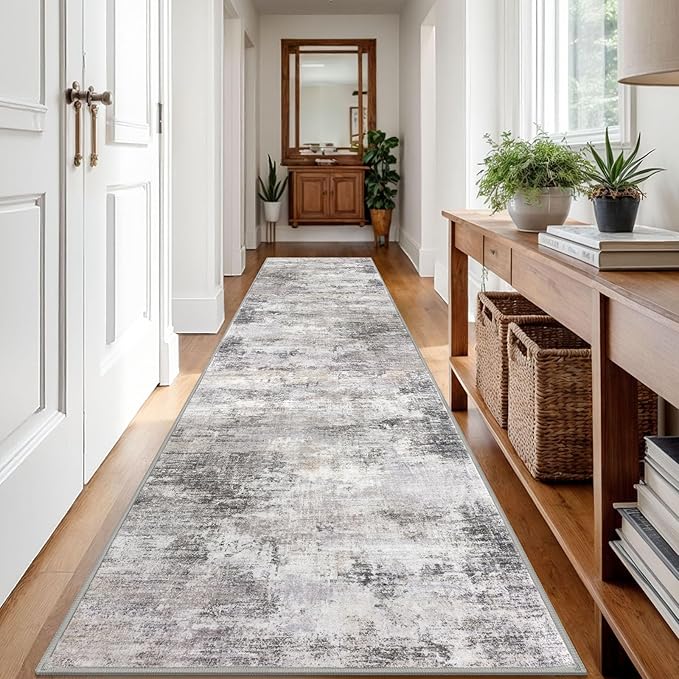 IOHOUZE Abstract Runner Rug 3x12 Ft Washable Runners for Hallways, Non Slip Kitchen Runner Printed Faux Wool Entryway Runner Indoor, Modern Abstract Floor Carpet for Hall Kitchen, Grey Beige