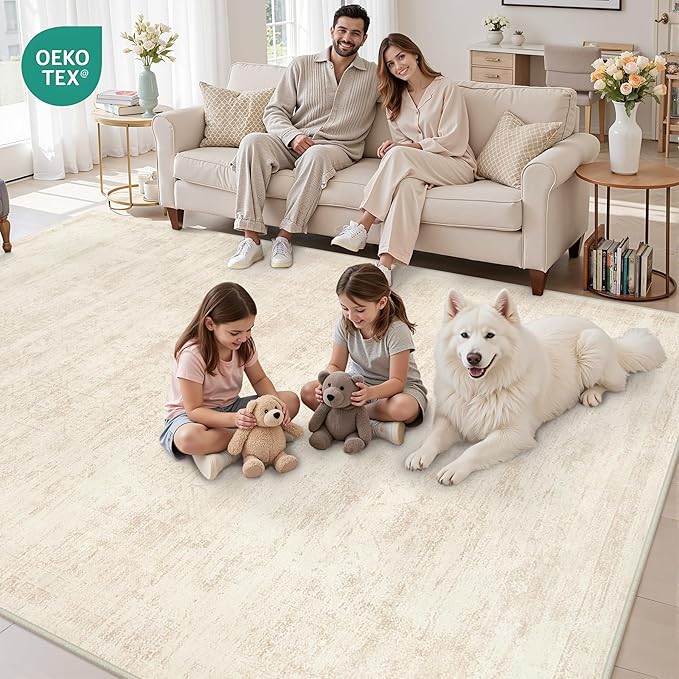 6x9 Area Rugs for Living Room: Vintage Boho Neutral Washable Rug Indoor Soft Large Area Rug Carpet for Bedroom Nursery Farmhouse Dining Room Office Floor Non-Slip Low Pile Under Table Rug Retro Beige
