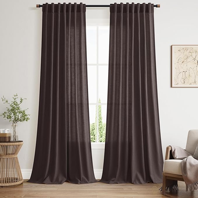 Nanspring Cocoa Coffee Curtains 102 Inches Long, Back Tab Linen Blend Light Filtering Semi Sheer Privacy Drapes for Living Room & Bedroom, 52x102 inch, 2 Panels