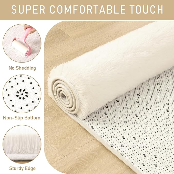 LOCHAS Ultra Soft Indoor Modern Area Rugs 2x6, Fluffy Living Room Carpets for Children Bedroom Home Decor Nursery Rug, Cream