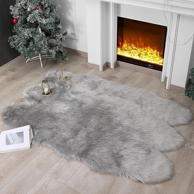 linmopm Faux Fur Rug Sheepskin Shag Fluffy Fuzzy Grey 4x6 ft Rugs for Bedroom Bedside Bed Floor Living Room Plush High-Density Cushion Carpet Super Sofa Cover