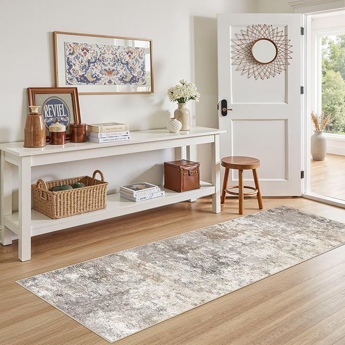 UERMEI 2X6 Washable Runner Rug for Hallway: Soft Neutral Modern Abstract Area Rug - Non-Slip Low Pile Long Throw Indoor Carpet for Kitchen Entryway Kitchen Bedroom Laundry Bathroom - Brown Grey