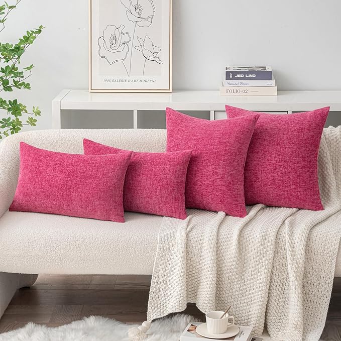 MIULEE Pack of 2 Couch Throw Pillow Covers 18x18 Inch Soft Hot Pink Chenille Pillow Covers for Sofa Living Room Solid Dyed Pillow Cases
