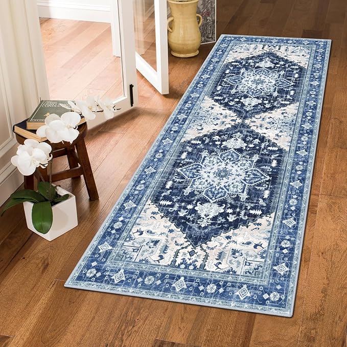 Yamaziot Washable Runner Rug, 2x5 Non-Slip Boho Vintage Hallway Rug Runner with Rubber Backing, Stain Resistant & Low Pile Faux Wool Distressed Carpet Runner for Kitchen, Laundry, Entrance, Blue