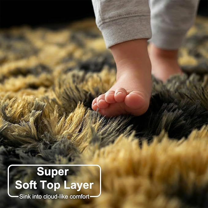 Amdrebio Black Gold Yellow Grey Round Circle Rugs 5Ft for Bedroom Living Room Decor, Fluffy Furry Area Rug for Kids Room Dorm Home Office, Modern Cool Leopard Cheetah Shag Carpet for Teen Boys Men
