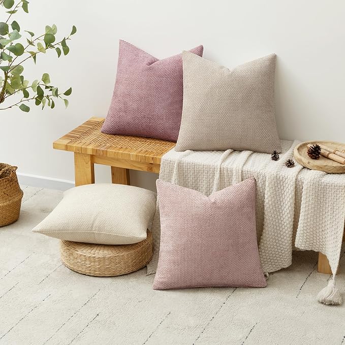 MIULEE Pack of 4 Valentines Couch Throw Pillow Covers 18x18 Inch Neutral Pink Cute Decorative Chenille Pillows Farmhouse Boho Accent Cushion Covers for Coquette Room Spring Decor Sofa Bed Living Room