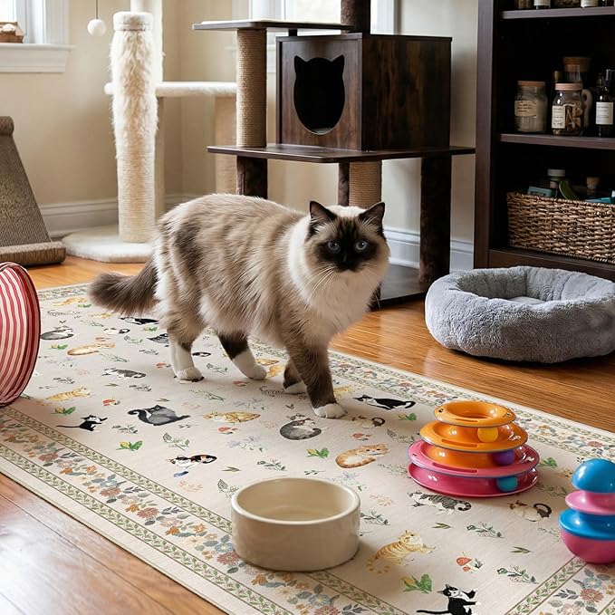 3x7 Washable Kitchen Runner Rug - Soft Low Pile Floral Animal Cat Print Rugs with Non-Slip Backing Waterproof Stain-Resistant Indoor Carpet for Hallway Entryway Bathroom Bedroom (Light Beige)