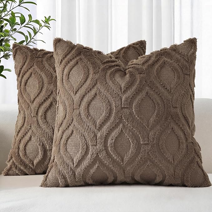 decorUhome Throw Pillow Covers 24x24 Inch Set of 2, Soft Plush Faux Wool Brown Solid Couch Pillow Covers, Accent Euro Sham Farmhouse Neutral Square Pillow Cases for Sofa Bed Living Room