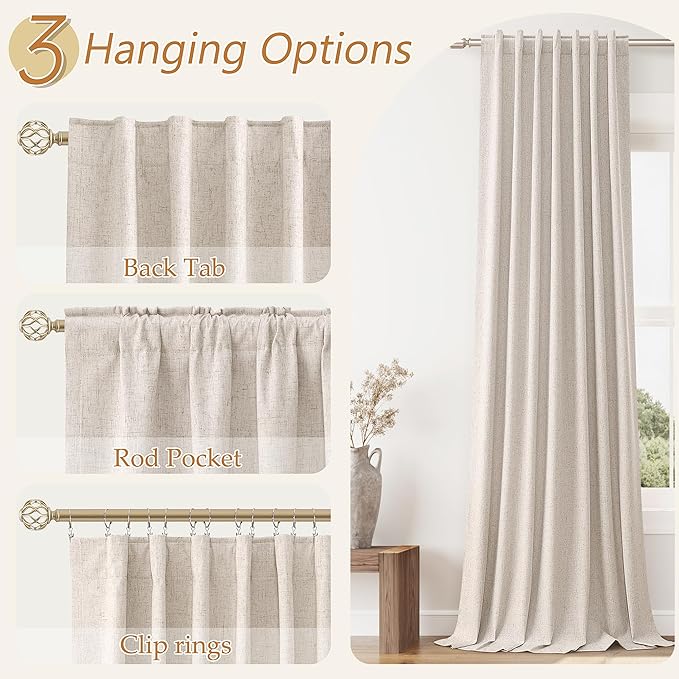 Guken Oatmeal 100% Blackout Curtains 108 Inch Length 2 Panels Set for Living Room Bedroom Back Tab Thermal Insulated Black Out Linen Drapes Room Darkening Window Curtains 108 Inches Long