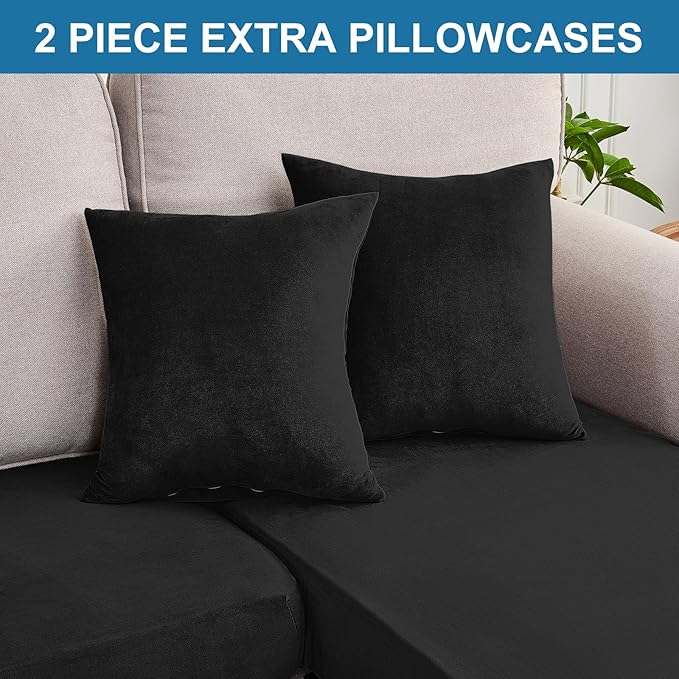 Couch Cover 4-Piece Elastic Velvet Couch Cushion Covers & Chaise Slipcovers for L-Shaped Sofas, Sofa Seat Covers Washable, Soft Cover for Couches (3 Seater + Chaise, Black)