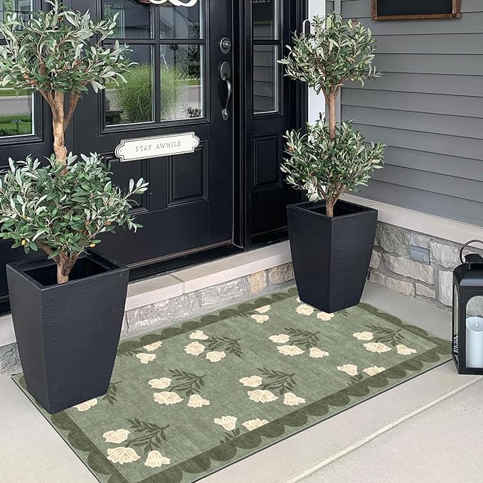 Front Door Mat Indoor Entrance - 2x4.3 Ft Floral Washable Layered Doormat Outdoor Entrance Porch Rug Non-Slip Sage Green Boho Runner Rug for Kitchen Hallway Bedroom Laundry Room Porch Decor