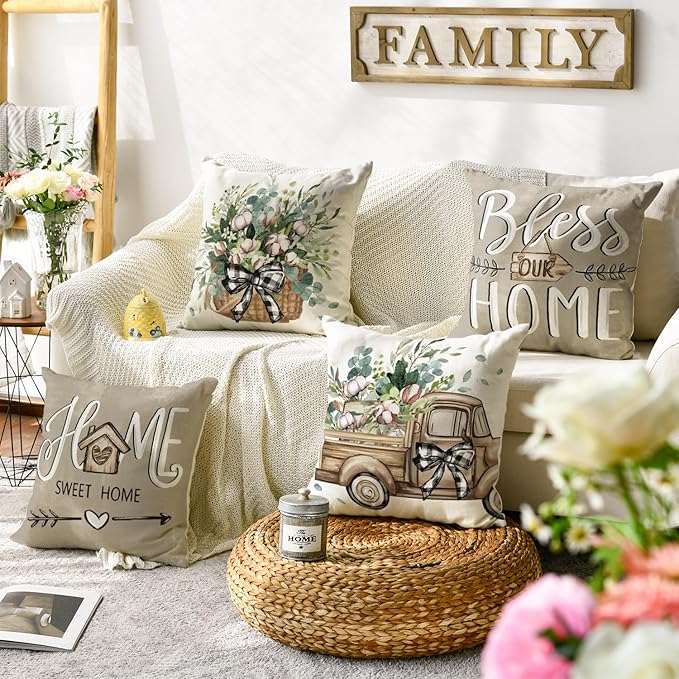 AVOIN Colorlife Bless Our Home Farmhouse Eucalyptus Leaves Throw Pillow Covers, 16 x 16 Inch Truck Home Sweet Cushion Case Decorations Set of 4