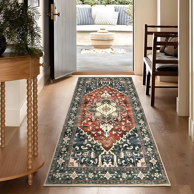 Yamaziot Washable Runner Rug, 3x6 Non-Slip Boho Vintage Hallway Rug with Rubber Backing, Low Pile Faux Wool Distressed Carpet Runner for Bedroom, Kitchen, Laundry, Entrance