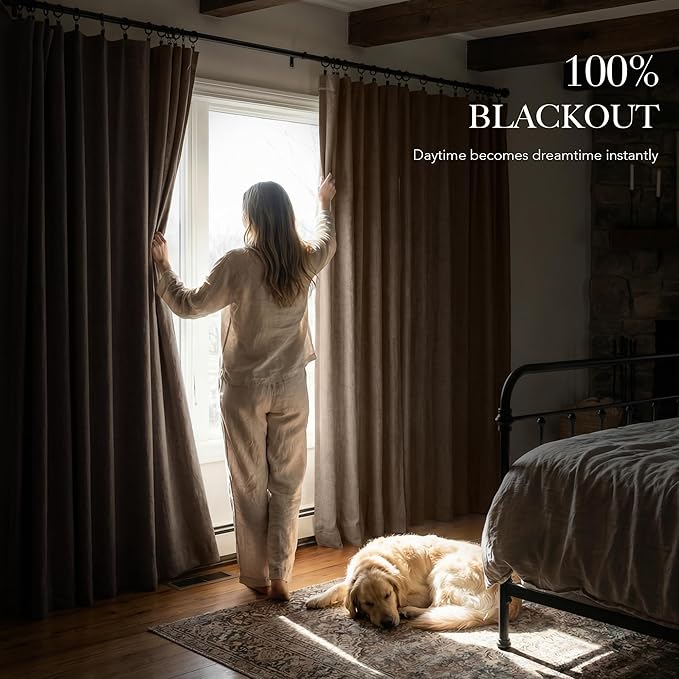 RYB HOME Coffee Linen 100% Blackout Curtains for Bedroom 52 Width 120 inch Long, Thich Luxury Extra Long Drapes for Modern/Vintage/Farmhouse Home Decor, Thermal Insulated Window Treatment, 2 Panels