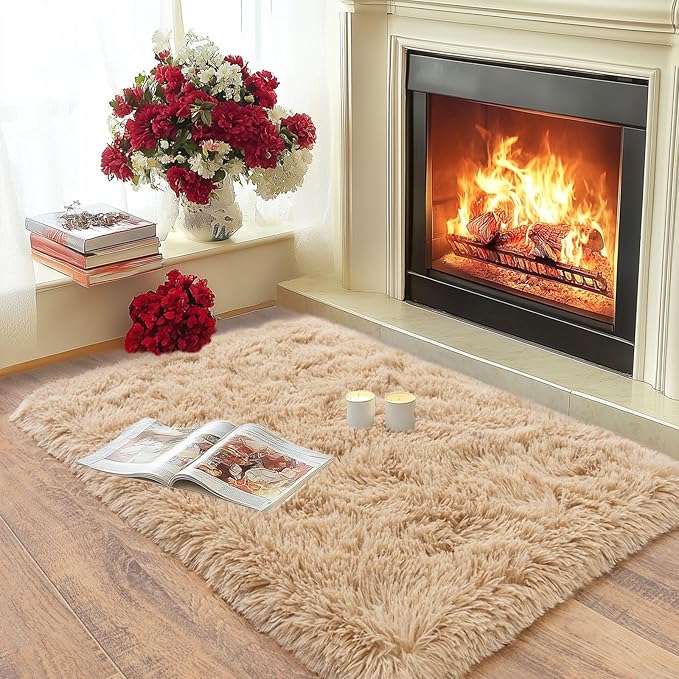 Pionblank Fluffy Small Rug for Bedroom 2x3 Feet, Shag Soft Area Rug, Modern Plush Carpet, Furry Cute Bedside Rug for Kids Girls Boys Room Nursery Decor, Camel