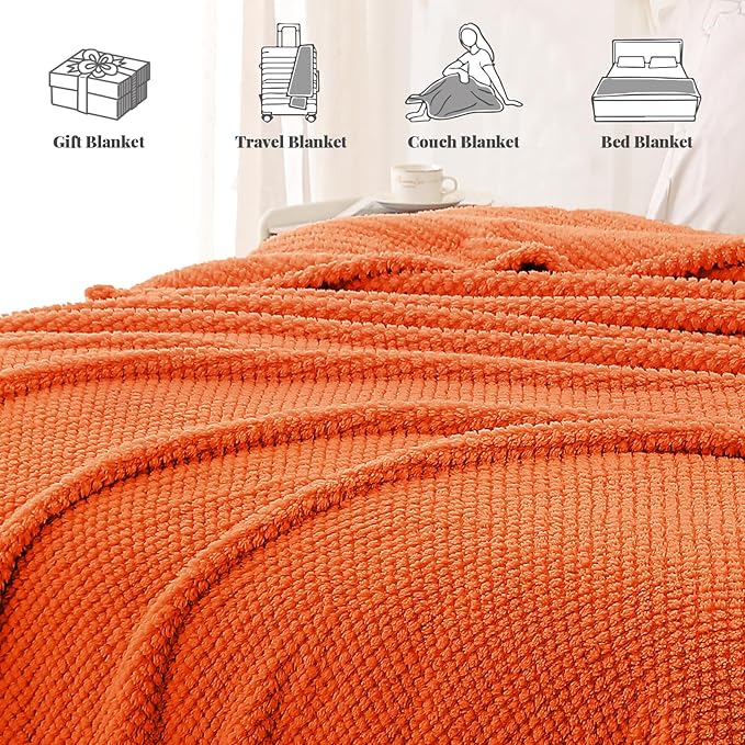 Whale Flotilla King Size Fuzzy Fleece Blanket, Fluffy Warm Soft Jacquard Bed Blankets for All Season, Lightweight and Cozy, 90x104 Inch, Burnt Orange