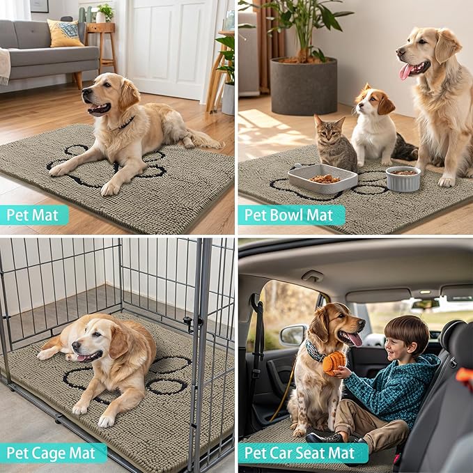 Smiry Dog Door Mat for Muddy Paws, Absorbent Dirt Trapper Non Slip Quick Dry Washable Chenille Mat for Mud Dogs, Entry Rug for Indoor and Outdoor (36x24 Inches, Warm Taupe and Black)