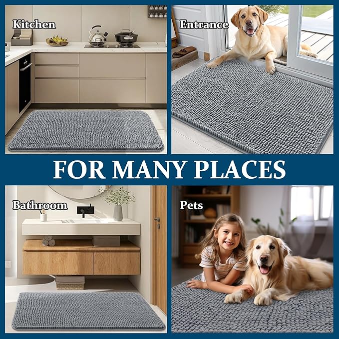 OLANLY Dog Door Mat for Muddy Paws 47x24, Absorbs Moisture and Dirt, Absorbent Non-Slip Washable Doormat, Quick Dry Chenille Mud Mat for Dogs, Entry Indoor Entryway Carpet for Inside Floor, Grey