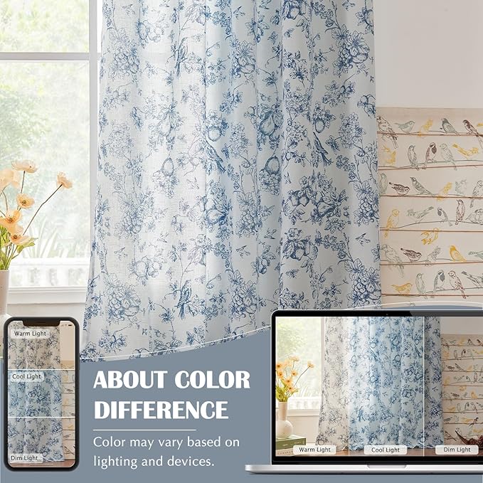 jinchan Linen Floral Curtains for Living Room 84 Inch Length Blue Printed Flower French Country Curtain Farmhouse Cottage Core Toile Curtains Back Tab Light Filtering Window Drapes Set 2 Panels