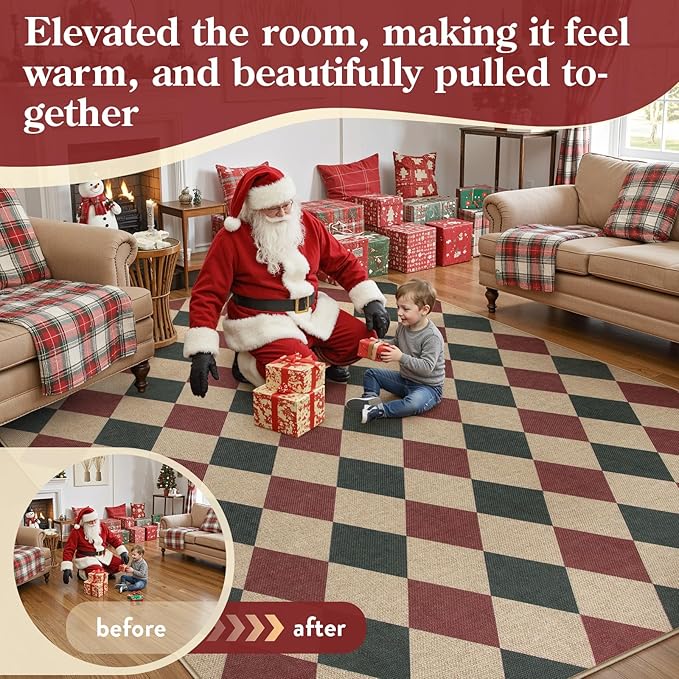 Lahome Christmas Rug, 5x7 Christmas Decor Rugs for Living Dining Room Non Shedding Washable Carpet, Checkered Red and Green Non Slip Stain Resistant Indoor Carpet for Patio Office Xmas Holiday Decor
