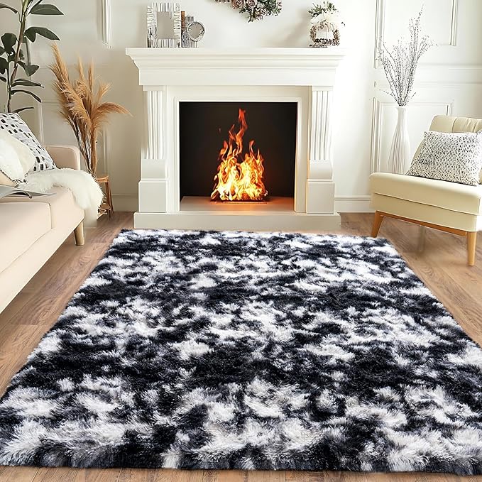 Pionblank Super Fluffy Area Rug for Living Room 5x7 Feet, Modern Indoor Shaggy Carpet, Soft Plush Non Slip Rugs for Bedroom Kids Room Cloakroom Home Decor, Black White