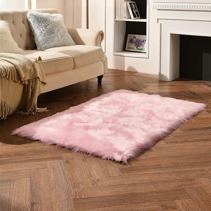duduta Pink Faux Sheepskin Fur Rug 3x5 ft, Fluffy Shag Girls Bedroom Dorm Nursery Playroom Carpet Rug Non Slip Washable