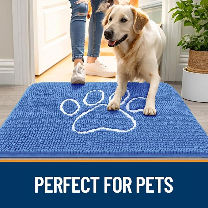 OLANLY Dog Door Mat for Muddy Paws 30x20, Paw Print Design, Absorbs Moisture and Dirt, Absorbent Non-Slip Washable Doormat, Quick Dry Chenille Mud Mat, Entry Indoor Entryway Carpet, Cornflower Blue
