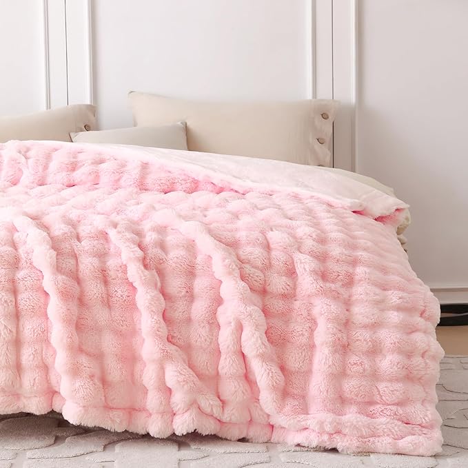COOVA Faux Fur Throw Blanket for Couch, Cozy Soft and Fuzzy Plush Rabbit Fur Bubble Blanket for Sofa Bedroom Living Room, 60x80 Inches Light Pink