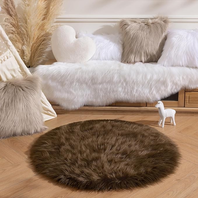 Ashler Faux Fur Rug - Fluffy Shaggy 3 x 3 Feet Sheepskin Fur, Dark Coffee Fuzzing Rug - Nursery Decor Throw for Bedroom, Living Room, Kids Room